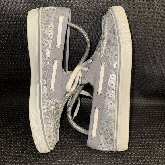 Sperry Top Sider White Gray Silver Leopard Canvas Lace Up Boat Shoes Size 9M - Picture 4 of 8